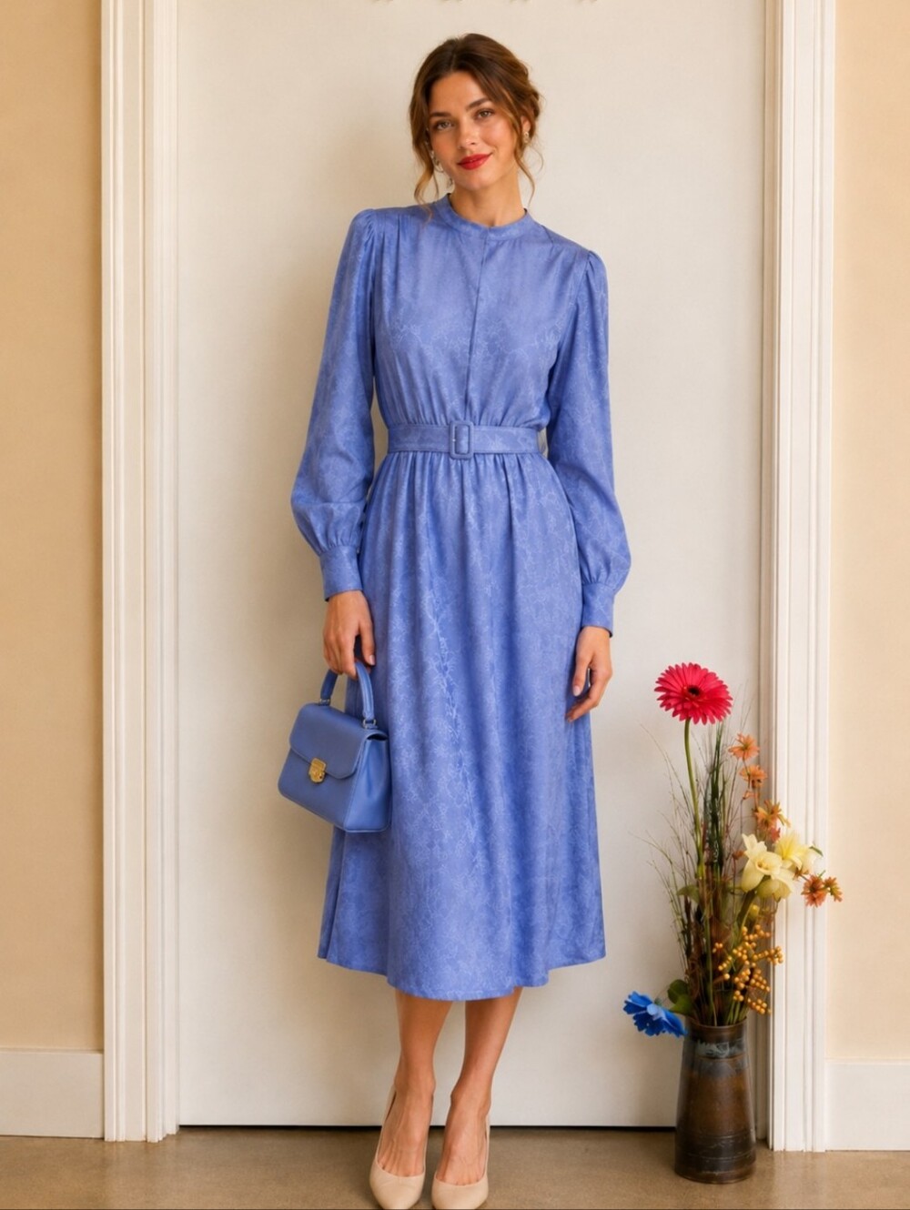 Vintage Periwinkle Blue 90's Silk Belted Dress with Cuffed Sleeves & Side Slit